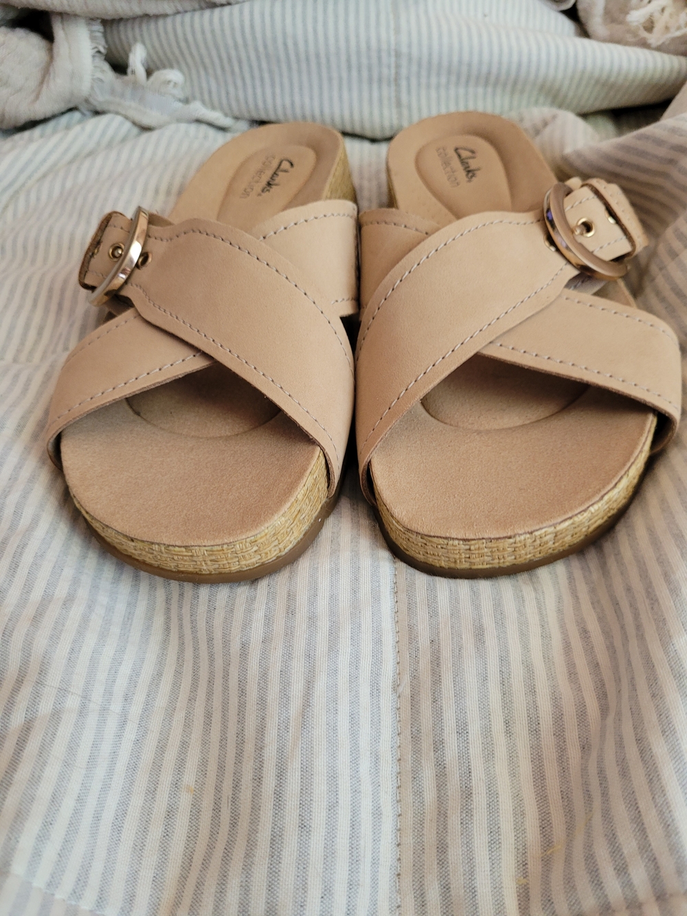 Clarks Nude Crisscross Buckle Wedge Mules